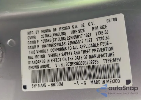 2009 Honda Cr-V Lx из США, поврежденный, VIN 3CZRE38339G702955